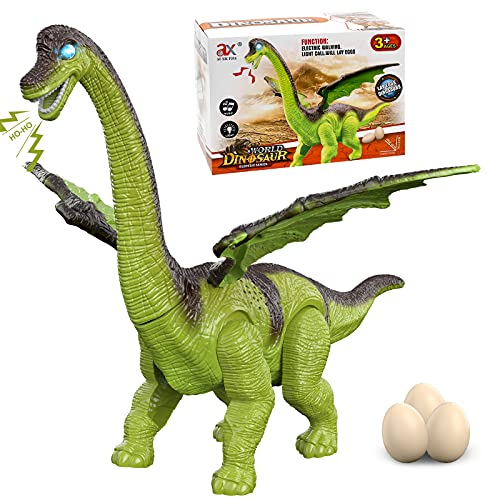 Juguete de dinosaurio GRESAHOM, juguete de animal que camina con luz y sonido, poniendo huevos, rugido al caminar, figura de juguete de braquiosaurio verde realista con ojos iluminados por LED