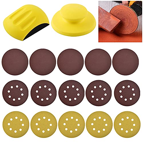 JUNMEIDO 2 PCS Bloque de Lijado Manual Taco de Lija Duradero Taco Lijado Curvo con 15 pcs Almohadilla Lijadora Circular Almohadilla Lijadora 125mm de 8 Orificios para Hogar/ Carpintería/ Coche