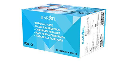 KAROFI - Mascarillas Quirúrgicas Tipo IIR (II R, 2R) Medico, 4 Capas, BFE > 99%, probadas y aprobadas, certificadas CE EN14683:2019, Caja 50 Unidades