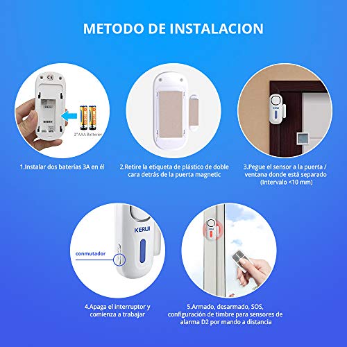 KERUI D2 Sensor de Alarma para Puertas y Ventanas con Sistema de Alarma inalámbrico para el hogar, 4 Zonas para el casa, Garaje, Oficina - 1 Alarma de Puerta - 1 Control Remoto - 4 sensores de Puerta