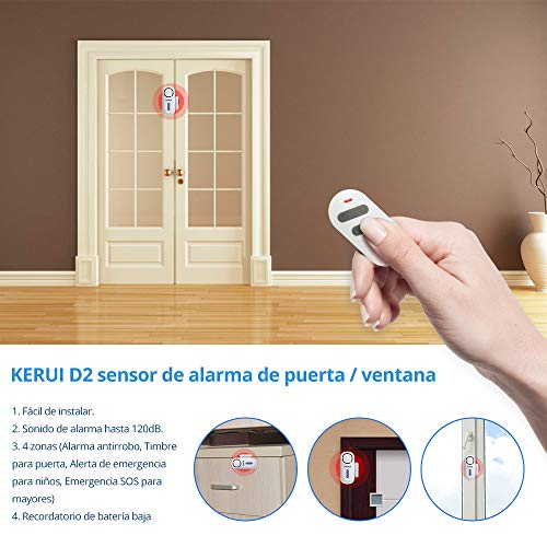 KERUI D2 Sensor de Alarma para Puertas y Ventanas con Sistema de Alarma inalámbrico para el hogar, 4 Zonas para el casa, Garaje, Oficina - 1 Alarma de Puerta - 1 Control Remoto - 4 sensores de Puerta