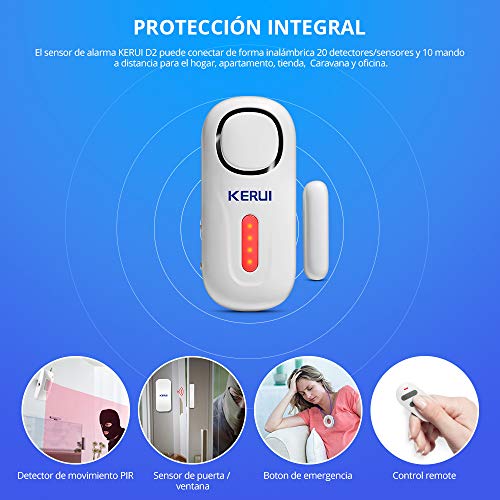 KERUI D2 Sensor de Alarma para Puertas y Ventanas con Sistema de Alarma inalámbrico para el hogar, 4 Zonas para el casa, Garaje, Oficina - 1 Alarma de Puerta - 1 Control Remoto - 4 sensores de Puerta