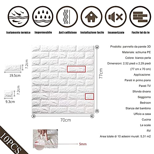 K&F-qianzhi 10PCS 70X77cm Papel Pintado De Ladrillo Blanco, Panel De Pared 3D Ladrillo PE Espuma DIY Pegatinas De Pared Papel Pintado Autoadhesivo