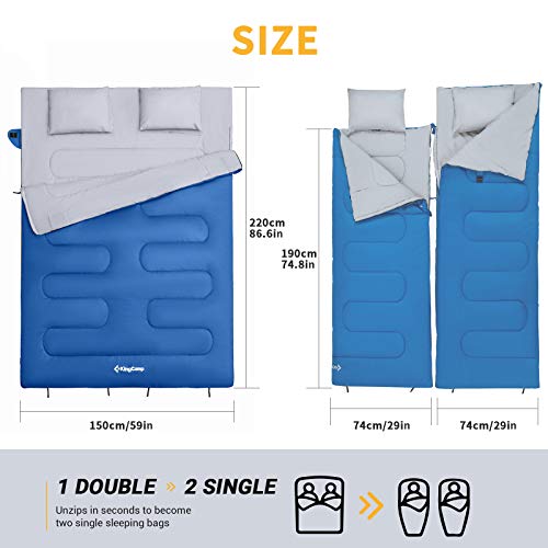 KingCamp Saco de Dormir Doble con Almohadas tamaño Queen y Extragrande para 3 Estaciones en 6 Colores para Acampar Festivales Senderismo Uso en Interiores o Exteriores