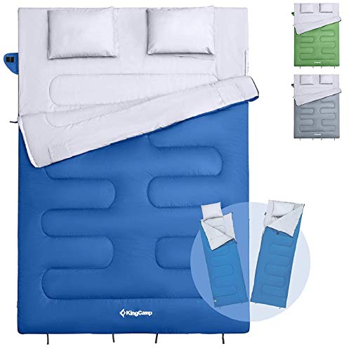 KingCamp Saco de Dormir Doble con Almohadas tamaño Queen y Extragrande para 3 Estaciones en 6 Colores para Acampar Festivales Senderismo Uso en Interiores o Exteriores