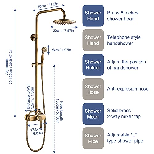 kisimixer Columna Ducha Retro con Columna dce Ducha Altura Ajustable, Duchas de BañO Columna Soporte de Pared de 2 Funciones ,Incluir Grifo de Ducha,Ducha Fija, Ducha de Mano,LatóN