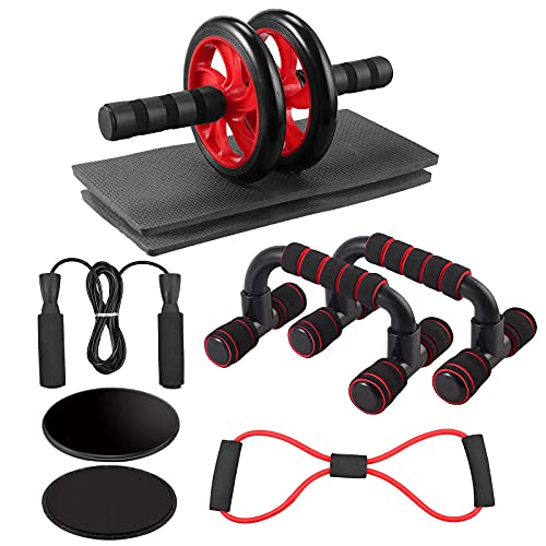 Kit de Fitness Abdominal Ab 5 en 1 Rueda Abdominal Barras para Flexiones Cuerda para Saltar Banda de Resistencia Discos Deslizantes Almohadillas para Rodillas para Entrenamientos en Casa Oficina