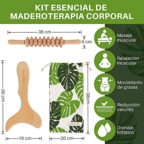 Kit Maderoterapia Corporal para Masajes con Rodillo Anticelulítico y Tabla Modeladora de Madera para el Drenaje y Movilización de Toxinas - Masajeadores de Madera-Maderoterapia Masajes kit Thermikoa