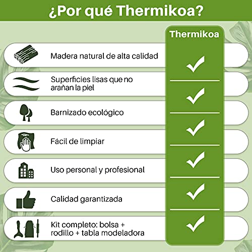 Kit Maderoterapia Corporal para Masajes con Rodillo Anticelulítico y Tabla Modeladora de Madera para el Drenaje y Movilización de Toxinas - Masajeadores de Madera-Maderoterapia Masajes kit Thermikoa