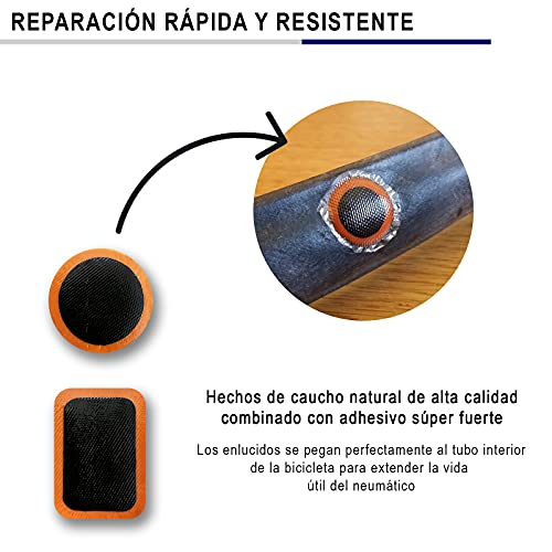 Kit repara pinchazos, Parches Bicicleta autoadhesivos, reparacion de neumaticos de Bicicleta con rallador y palancas.