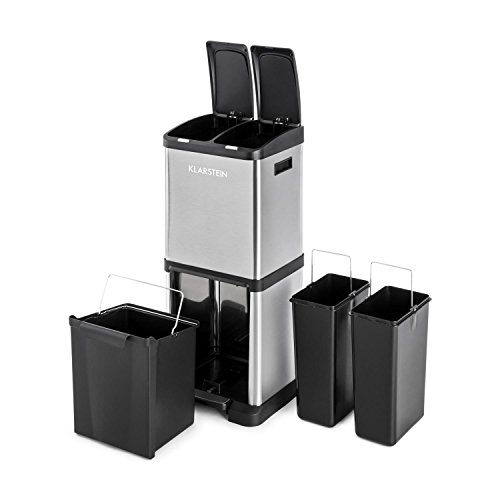 Klarstein Ökosystem² - Cubo de Basura de Reciclaje, Capacidad total 30 litros, 2 contenedores x 7,5L, 1 contenedor x 15L, Carcasa de Acero Inoxidable, Mecanismo Pedal