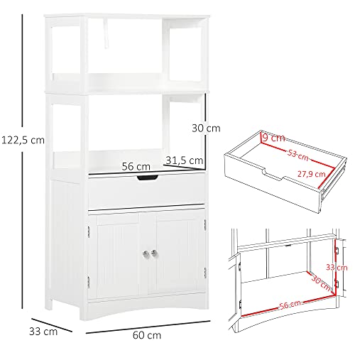 kleankin Armario de Baño con 3 Estantes Cajón y 2 Puertas Mueble de Almacenamiento de Suelo Moderno para Cocina Dormitorio Salón 60x33x122,5 cm Blanco