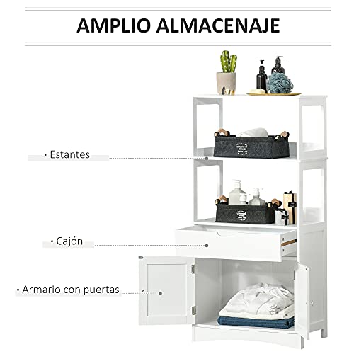 kleankin Armario de Baño con 3 Estantes Cajón y 2 Puertas Mueble de Almacenamiento de Suelo Moderno para Cocina Dormitorio Salón 60x33x122,5 cm Blanco