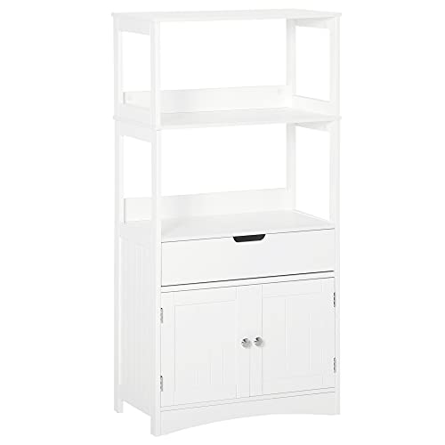 kleankin Armario de Baño con 3 Estantes Cajón y 2 Puertas Mueble de Almacenamiento de Suelo Moderno para Cocina Dormitorio Salón 60x33x122,5 cm Blanco