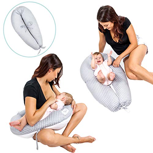 Koala Babycare Almohada Embarazada Multifuncional - Cojin Lactancia y Almohada para Dormir de Lado - Funda Intercambiable 100% Algodón y Relleno de Poliéster - Koala Hugs (Gris - Lunares Blancos)