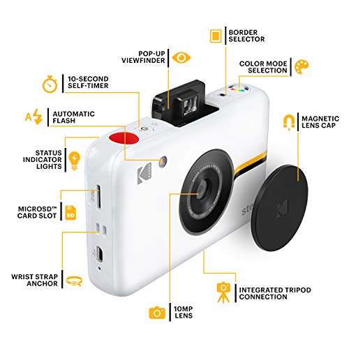 KODAK Step Cámara Digital con Sensor de Imagen de 10 MP - Tecnología Zink, Visor clásico, Modo selfi, Temporizador automático, Flash Incorporado y 6 Modos de Imagen | Blanco