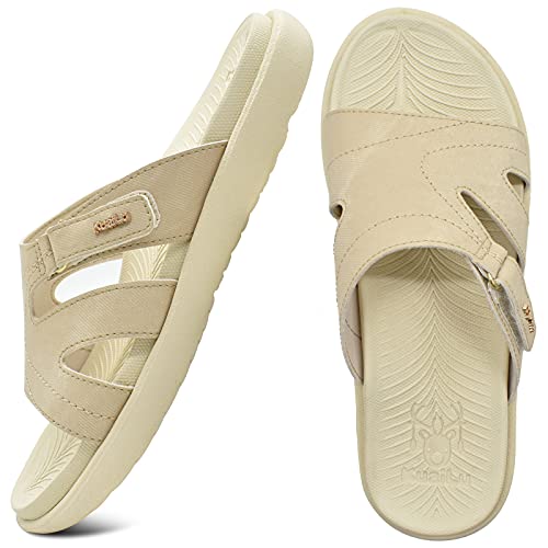 KuaiLu Chanclas Mujer Moda Ortopedicas Comodas Soporte del Arco Chancletas Baño Verano Cool Playa Piscina Ligera Abierta Velcro Sandalias Antideslizante Goma Suela Beige 40