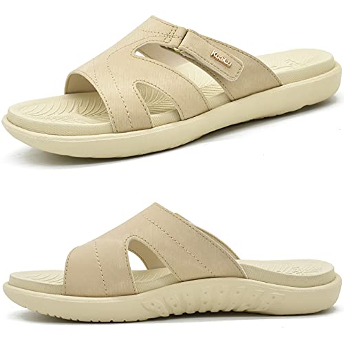 KuaiLu Chanclas Mujer Moda Ortopedicas Comodas Soporte del Arco Chancletas Baño Verano Cool Playa Piscina Ligera Abierta Velcro Sandalias Antideslizante Goma Suela Beige 40