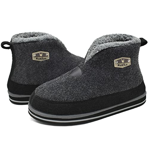 KuaiLu Zapatillas Casa Bota Hombre Invierno Fieltro Cerradas Babuchas Caballero Peluche Lana Pelo Calentitas Pantuflas Botine Comoda Ortopedicas Memory Foam Slippers Antideslizante Goma Suela Gris 46