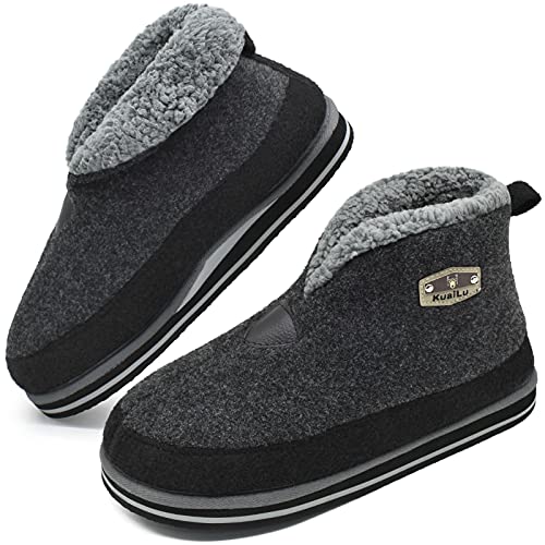 KuaiLu Zapatillas Casa Bota Hombre Invierno Fieltro Cerradas Babuchas Caballero Peluche Lana Pelo Calentitas Pantuflas Botine Comoda Ortopedicas Memory Foam Slippers Antideslizante Goma Suela Gris 46