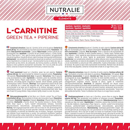 L-Carnitina Pura | Quemagrasas Potente Vegano para Perder Peso con L Carnitina, Té Verde Natural y Pimienta Negra | 120 Cápsulas Veganas Nutralie