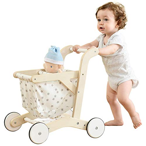 labebe Carrito de la compra para niños de madera, ayuda a andar, juguete para muñecas, juguete estable, accesorio para tiendas de compras y juegos de rol