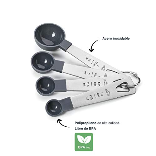 LACOR - 67037 - Set 4 Cucharas Medidoras, Medidor de Líquidos y Alimentos, Repostería, Inox y Polipropileno, Apilables, Medidas en ml, tsp, tbsp, Libre de BPA, Apto para Lavavajillas, Gris