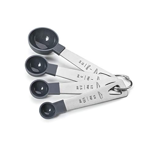 LACOR - 67037 - Set 4 Cucharas Medidoras, Medidor de Líquidos y Alimentos, Repostería, Inox y Polipropileno, Apilables, Medidas en ml, tsp, tbsp, Libre de BPA, Apto para Lavavajillas, Gris