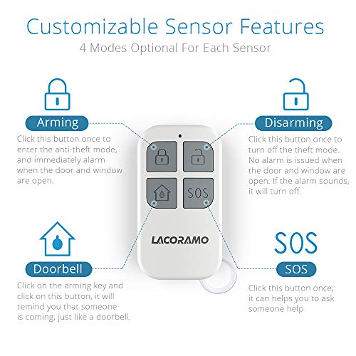 LACORAMO 130db Sensor de alarma para puertas y ventanas con 2 controles remotos, 2 baterías, campana de apertura de contacto magnético inalámbrico para niños, hogar, refrigerador, tienda (1 paquetes)