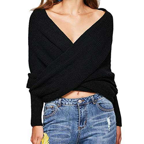 Laisla fashion Jersey Mujer Moda Mujer Suéter Damas Clásico Cruz Delantera Hombros Caídos Suéter Mantón Chicos (Color : Negro, Size : Size)