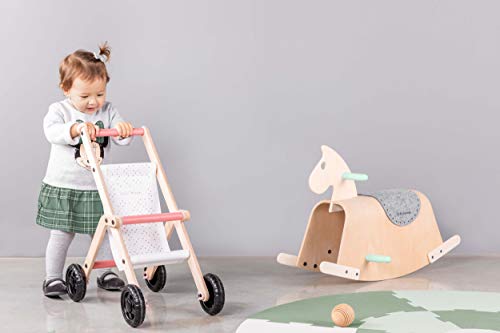 Lalaloom BUBBLE BUGGY - Andador para bebe de madera natural y tela (correpasillos, carrito con ruedas, juguete multifuncional, caminador para niños), 48x30x54 cm