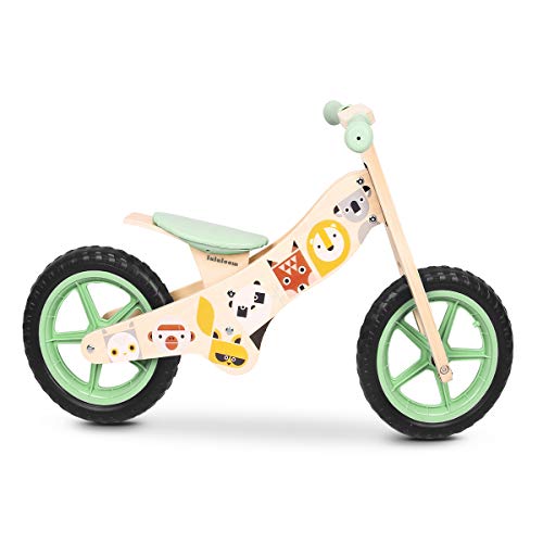 Lalaloom WILD BIKE - Bicicleta sin pedales de madera para niños de 2 años (diseño con animales, andador para bebe, correpasillos para equilibrio, sillín regulable con ruedas de goma EVA), color Verde