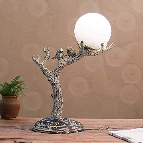 Lámpara de luz de techo natural, vintage, nueva resina clásica, lámpara de escritorio de madera, luz nocturna con esfera de vidrio, lampana, tronco de árbol y lámpara de aves, hecho para dormitorio, e