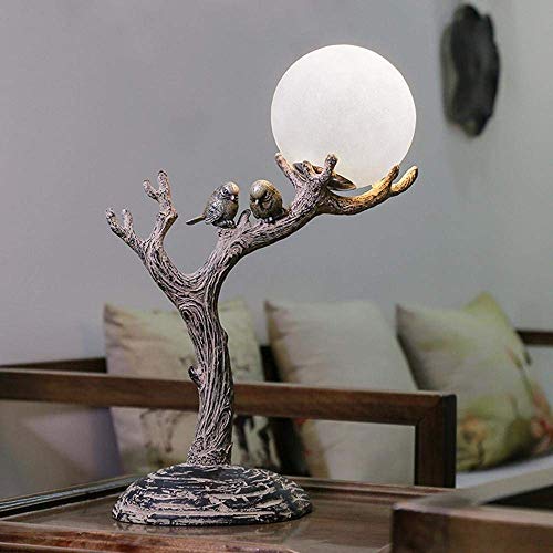 Lámpara de luz de techo natural, vintage, nueva resina clásica, lámpara de escritorio de madera, luz nocturna con esfera de vidrio, lampana, tronco de árbol y lámpara de aves, hecho para dormitorio, e