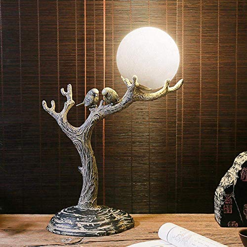 Lámpara de luz de techo natural, vintage, nueva resina clásica, lámpara de escritorio de madera, luz nocturna con esfera de vidrio, lampana, tronco de árbol y lámpara de aves, hecho para dormitorio, e