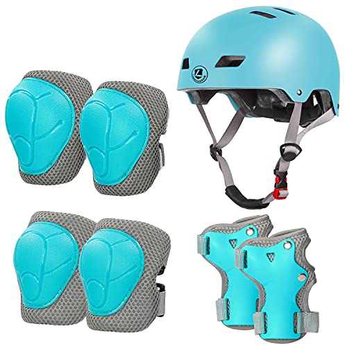 LANOVAGEAR Casco Infantil Set de Protección Casco Protección Patinaje 2-8 años Ajustable Rodilleras Coderas y Muñequeras para Patinaje Ciclismo Monopatín Skateboard (Azul Hielo, S)