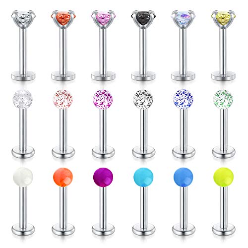 LAURITAMI 18pcs Piercing Labio Barras Aros 16G Acero Quirúrgico Labret Monroe Aros Piercing Joyas Conch Cartílago Tragus Helix Pendiente Barbells 8mm