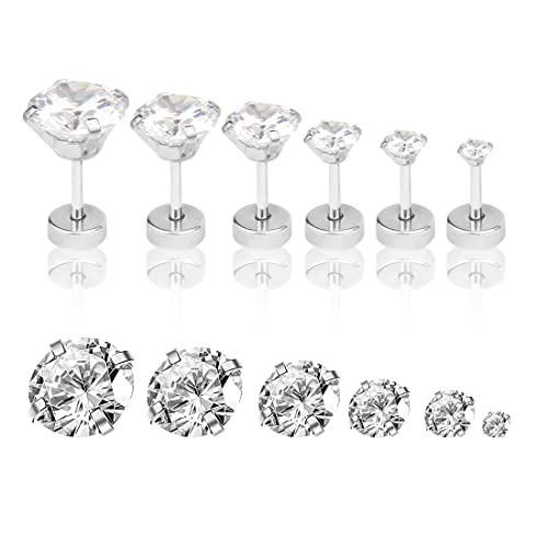 LEEQ 6 Pares 18G Aretes de Perno de Zirconia Cúbica de Acero Inoxidable Piercing de Barra con Pesas Piercing de Cartílago Oreja Helix Tragus, 6 Tamaños