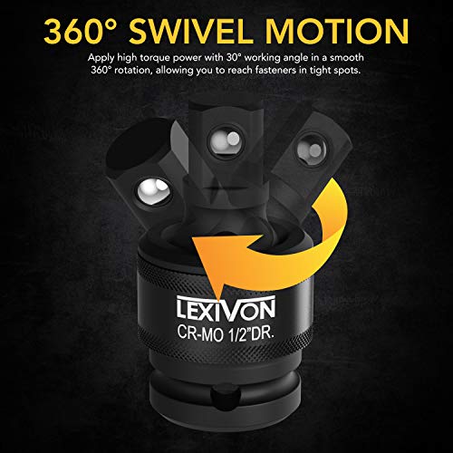 LEXIVON Premium Impact Juego de rótulas de unión universal | Diseño de resorte de bola de 3 piezas Accionamiento de junta en U de 1/2 ", 3/8" y 1/4 "| Acero Cr-Mo = Grado de impacto total (LX-113)