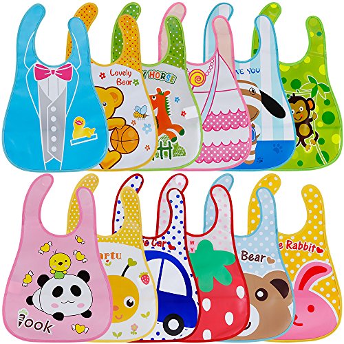 Lictin 12 pcs Baberos de Bebé Impermeables-Baberos Bebe EVA Impermeable con Escote Ajustable Baberos con Dibujos Animados para Bebes Unisex 1-5 Años