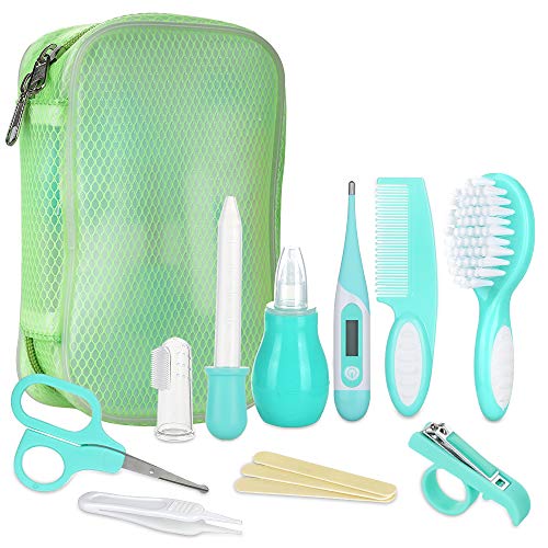 Lictin Set para el Cuidado del Bebé-10 Piezas Kit de Aseo Conveniente para Bebé con Termómetro electronico,Peine, Cepillo de Dientes de Dedo, Limpiador de nariz para Viaje y el Uso diario(Verde)