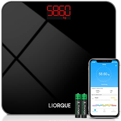 LIORQUE Báscula de Baño Digital Báscula Inteligente con APP Compatible con Smartphone Andriod y iOS, Tecnología Step-On, Alta Precisión, 0,2-180kg - Blanco (negro)