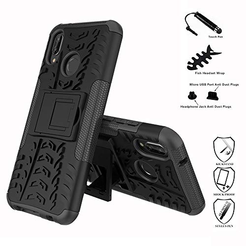 LiuShan Huawei P20 Lite Funda, Heavy Duty Silicona Híbrida Rugged Armor Soporte Cáscara de Cubierta Protectora de Doble Capa Caso para Huawei P20 Lite Smartphone(con 4 en 1 Regalo empaquetado),Negro