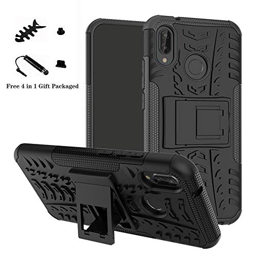 LiuShan Huawei P20 Lite Funda, Heavy Duty Silicona Híbrida Rugged Armor Soporte Cáscara de Cubierta Protectora de Doble Capa Caso para Huawei P20 Lite Smartphone(con 4 en 1 Regalo empaquetado),Negro