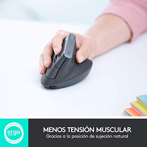 Logitech MX Vertical Ratón Inalámbrico Ergonómico, Multi-Ordenador, 2,4 GHz/Bluetooth con Receptor Unifying USB, Seguimiento Óptico 4000 DPI, 4 Botones, Carga Rápida, Portátil/PC/Mac/iPad OS - Negro