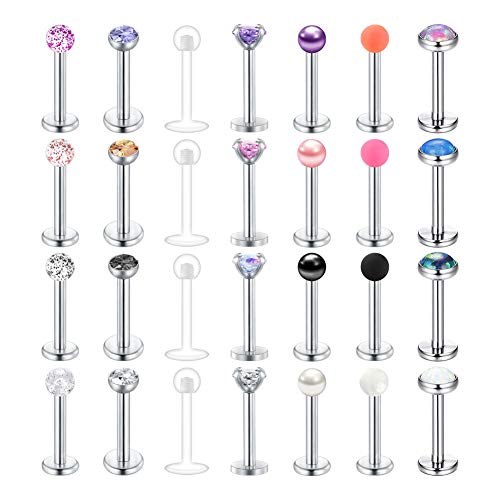 Longita 28 Piezas Helix Tragus Piercing Pendientes 16G Acero Inoxidable Labret Piercing Labio Brillante Anillo Joyería del Cuerpo 8MM