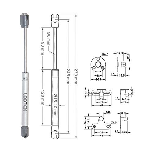 LOOTICH 150N Hidráulico Amortiguador Piston de Gas Resorte para Puertas Armario Muebles de Cocina Elevación Neumática Lid Stay Apertura Suave Bisagra Paquete de 4