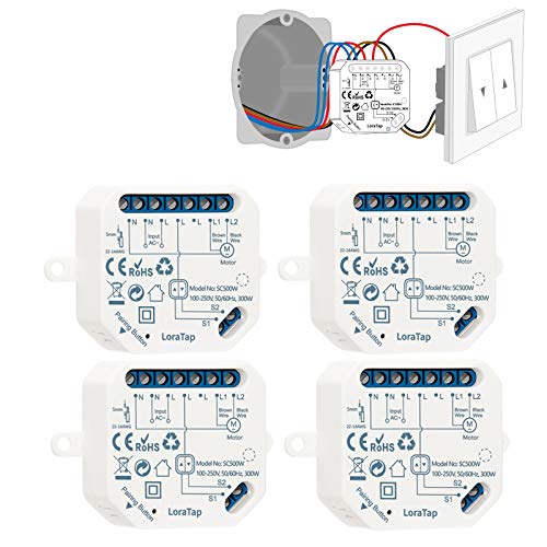 LoraTap Interruptor Persianas WiFi, 4 Piezas Relé de Persiana Temporizador Inteligente para Cortina Eléctrica, Control Remoto por Teléfono, Compatible con Alexa y Google Home para Control de Voz, 300W