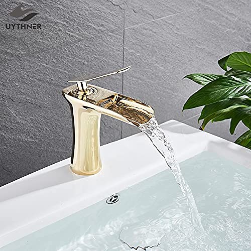 LSNLNN Grifos, Cocina Faucet Cuenca Faucets Cascada Baño Grifo Grifo Sola Máquina de Cuenca Bañera Baño Antiguo Latón Grifo Fregadero Grúa de Agua Grúa Plata Grifo,Polaco Dorado