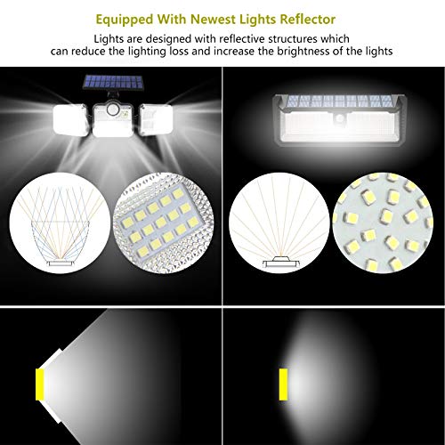 Luz Solar Exterior Interior - Foco Solar LED Exterior con Sensor de Movimiento: Luces Solares 3 Cabezales Ajustables 270° lluminación Impermeable Lámpara Solar con Control Remoto & Cable de 16.5 pies